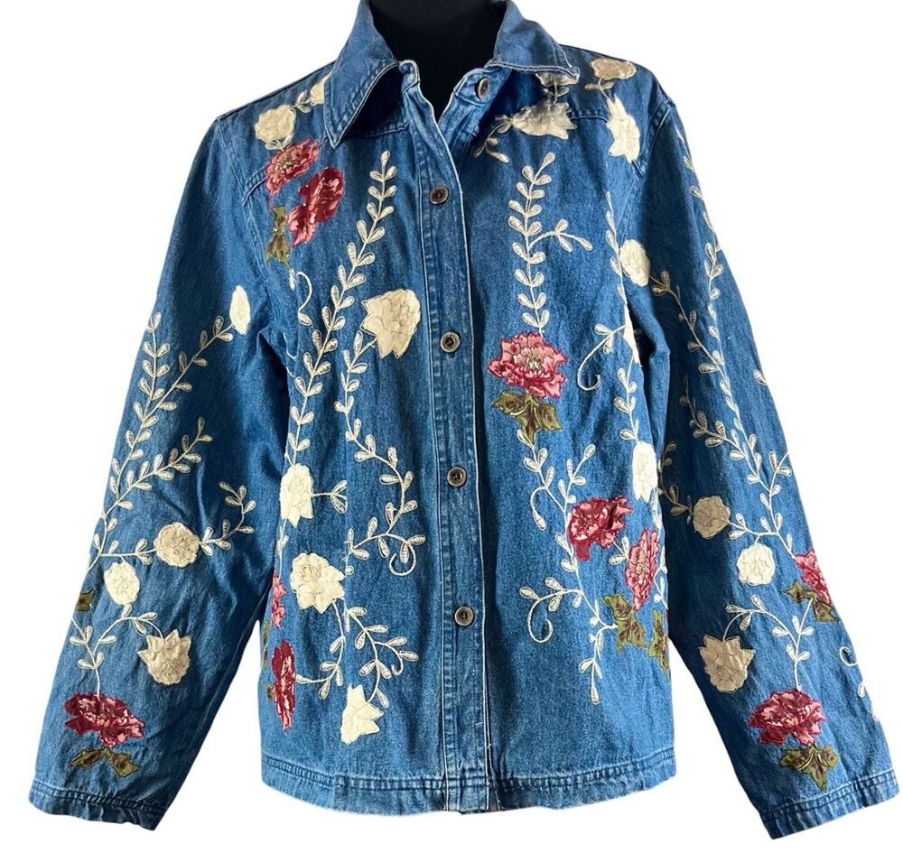 Vintage Floral Embroidered Applique Denim Jacket Western Boho Cottagecore Size L